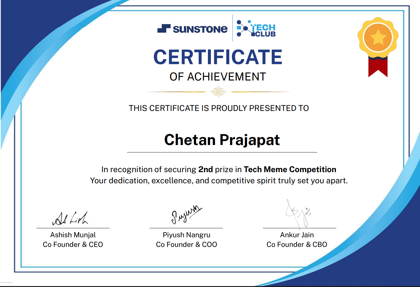 2nd Prize Tech Meme Competition Certificate — Sunstone Tech Club