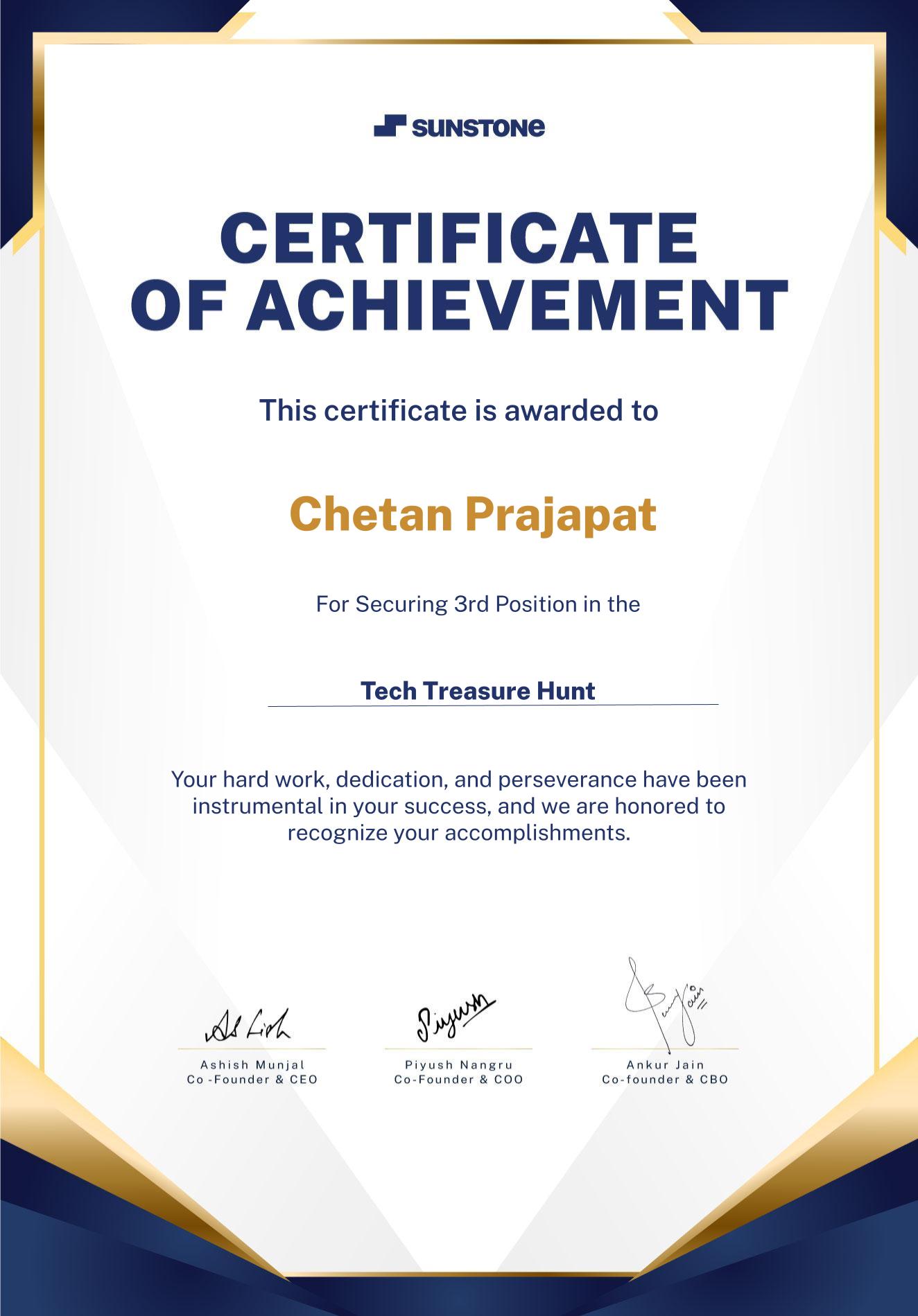 3rd Position Tech Treasure Hunt Certificate — Sunstone